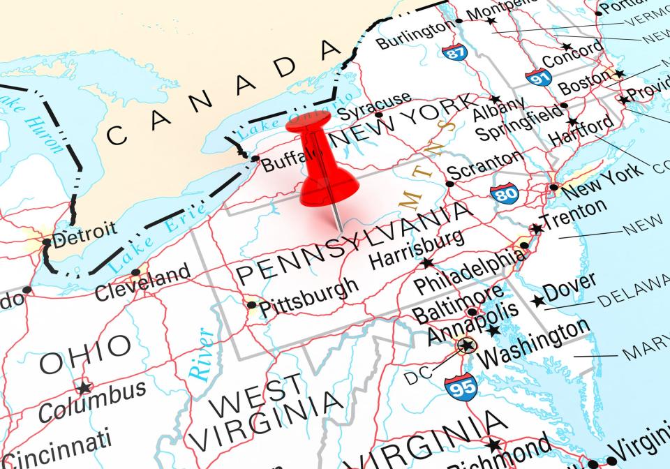 The state of Pennsylvania on a map.