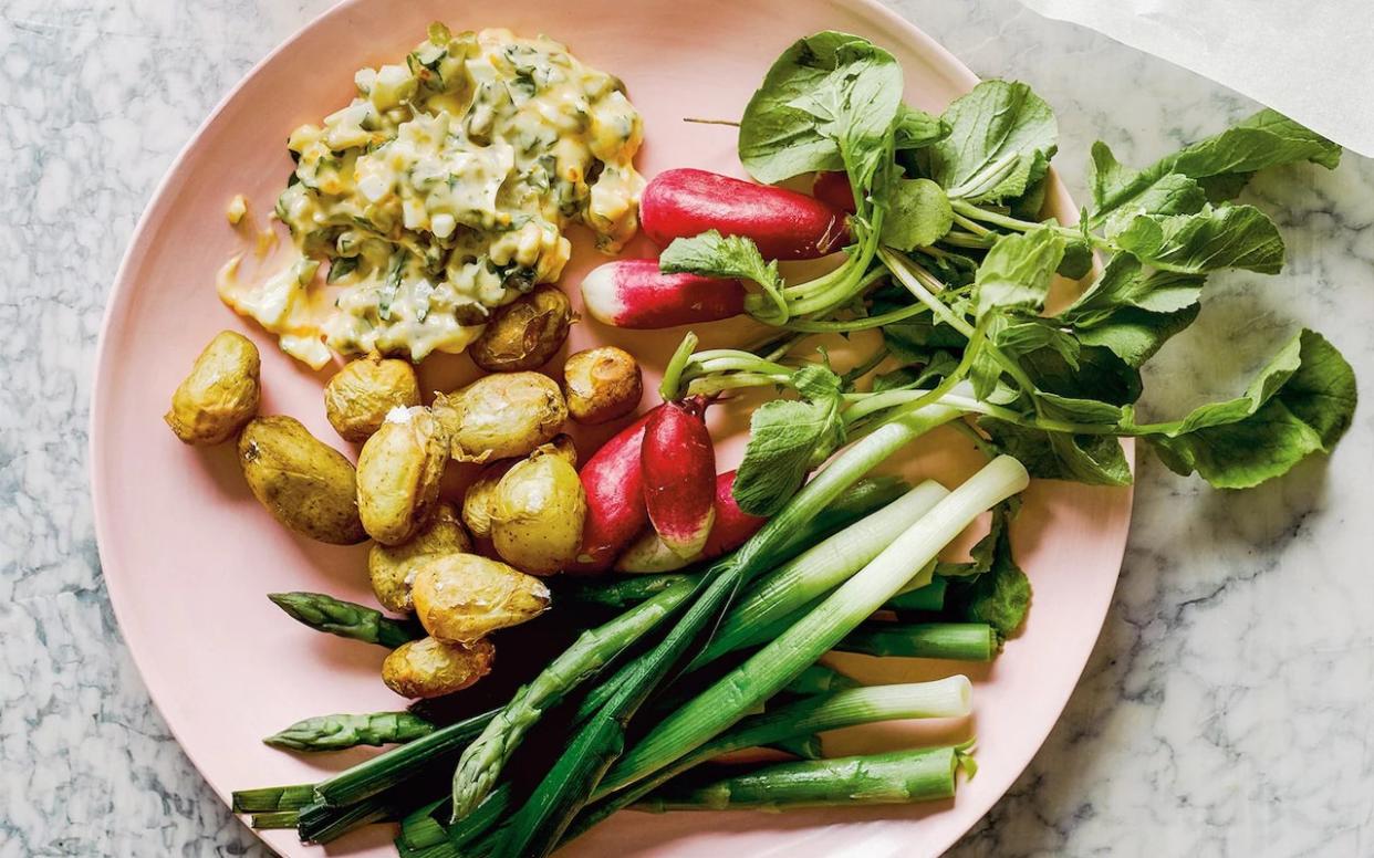 Salt-baked Jersey Royals with asparagus, leeks, radishes and sauce gribiche - Haarala Hamilton and Valerie Berry