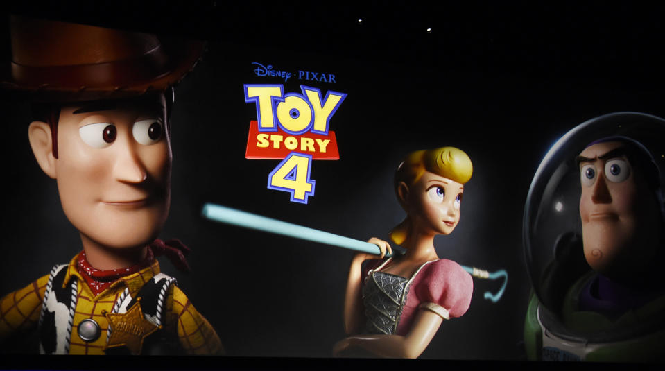 FILE - This April 3, 2019, file photo shows a preview image of the upcoming film "Toy Story 4" on state during the Walt Disney Studios Motion Pictures presentation at CinemaCon 2019, the official convention of the National Association of Theatre Owners (NATO) at Caesars Palace in Las Vegas. The technology that animated movies like "Toy Story" and enabled a variety of special effects is the focus of this year’s Turing Award, the technology industry’s version of the Nobel Prize. Patrick Hanrahan and Edwin Catmull won the prize for their contributions to 3-D computer graphics used in movies and video games. (Photo by Chris Pizzello/Invision/AP, File)