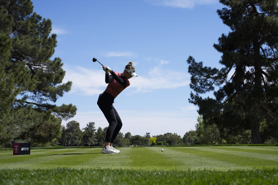 FILE - Nelly Korda hits off the second tee during the final round of the LPGA T-Mobile Match Play golf tournament Sunday, April 7, 2024, in North Las Vegas, Nev. (AP Photo/John Locher, File)