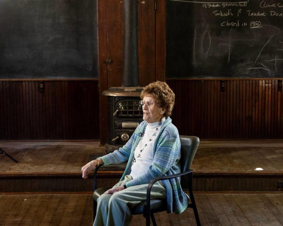 Dorothy Vauk was a teacher at Opaline School in the 1940s. Now 104 years old, Vauk is interviewed by media students at Boise State University for a documentary on the schoolhouse that was moved to the BSU campus in 1984. The school closed in the 1950s.