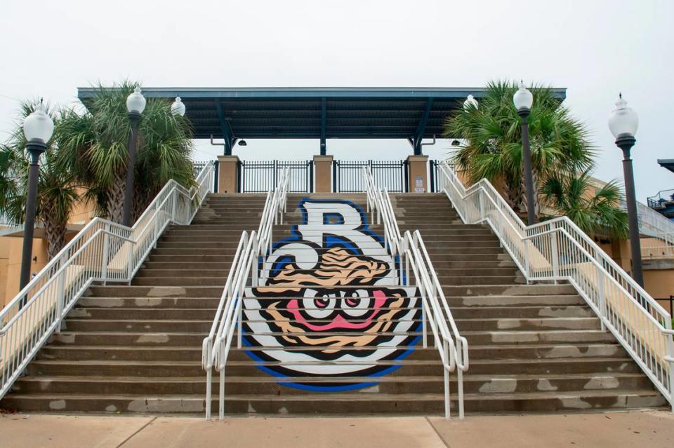 New signage on the stairs at Shuckers Ballpark on Friday, May 10, 2024. During the offseason, Shuckers Ballpark underwent renovations, including all new signage around the park.
