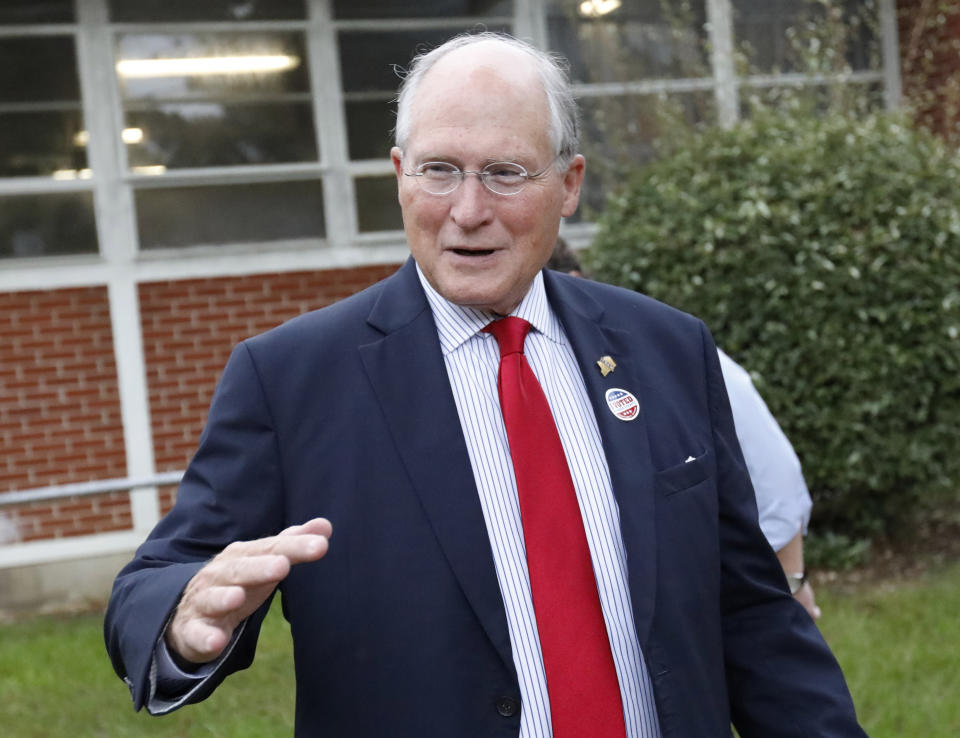 Former Mississippi Supreme Court Chief Justice Bill Waller Jr., speaks about his hopes for a big turnout of supporters in his runoff race against Lt. Governor Tate Reeves for the GOP nomination for governor, Tuesday, Aug. 27, 2019, at his Jackson, Miss., voting precinct. (AP Photo/Rogelio V. Solis)