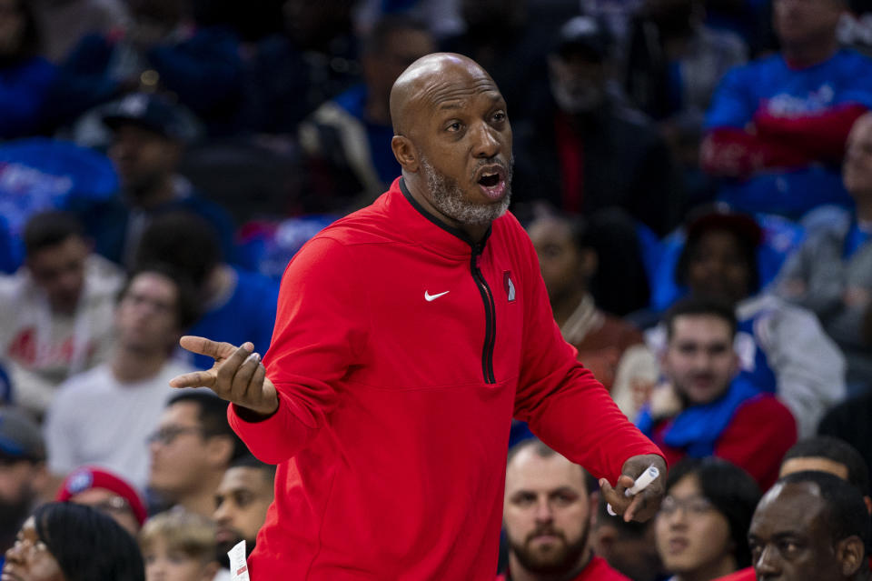 Portland Trail Blazers head coach Chauncey Billups reacts during the first half of an NBA basketball game against the Philadelphia 76ers, Sunday, Oct. 29, 2023, in Philadelphia. The 76ers won 126-98. (AP Photo/Chris Szagola)