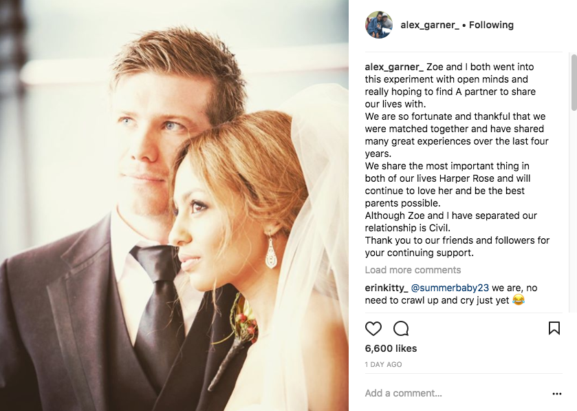 Alex Garner posted a picture of his MAFS wedding to Zoe, sharing a statement about their split. Source: Instagram/alex_garner_