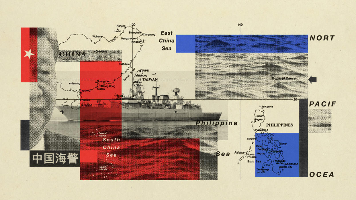  Photo composite of Xi Jinping, a map of the South China Sea and a naval warship. 