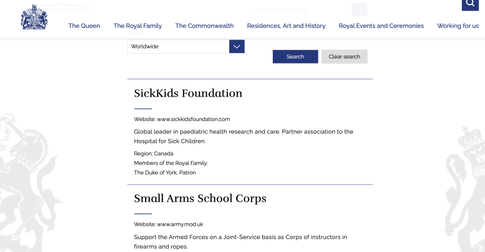 The Canadian charity SickKids is also listed. (Royal.uk)