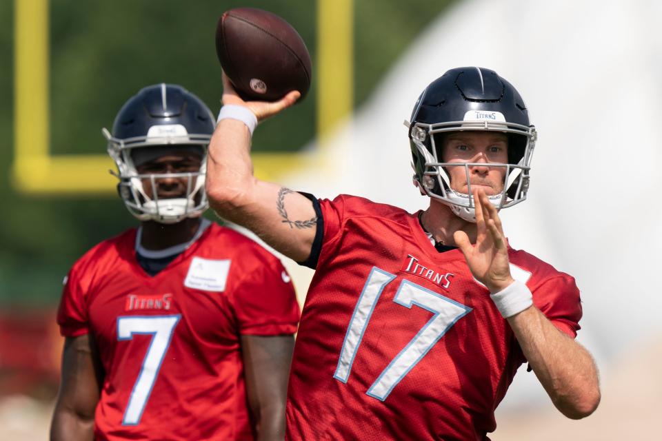 Tennessee Titans quarterback Ryan Tannehill (17) throws a pass during practice at Saint Thomas Sports Park Tuesday, June 14, 2022, in Nashville, Tenn. 