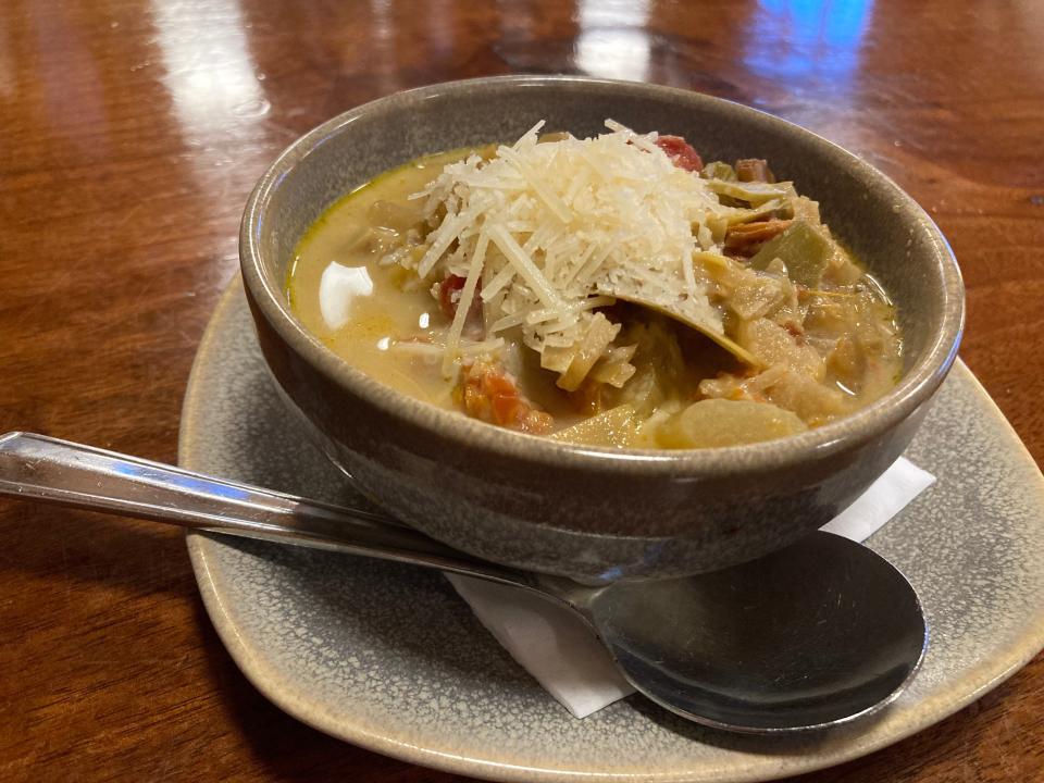 Tuscan artichoke soup at the Lawson's Finest Liquids taproom in Waitsfield on Jan. 23, 2024.