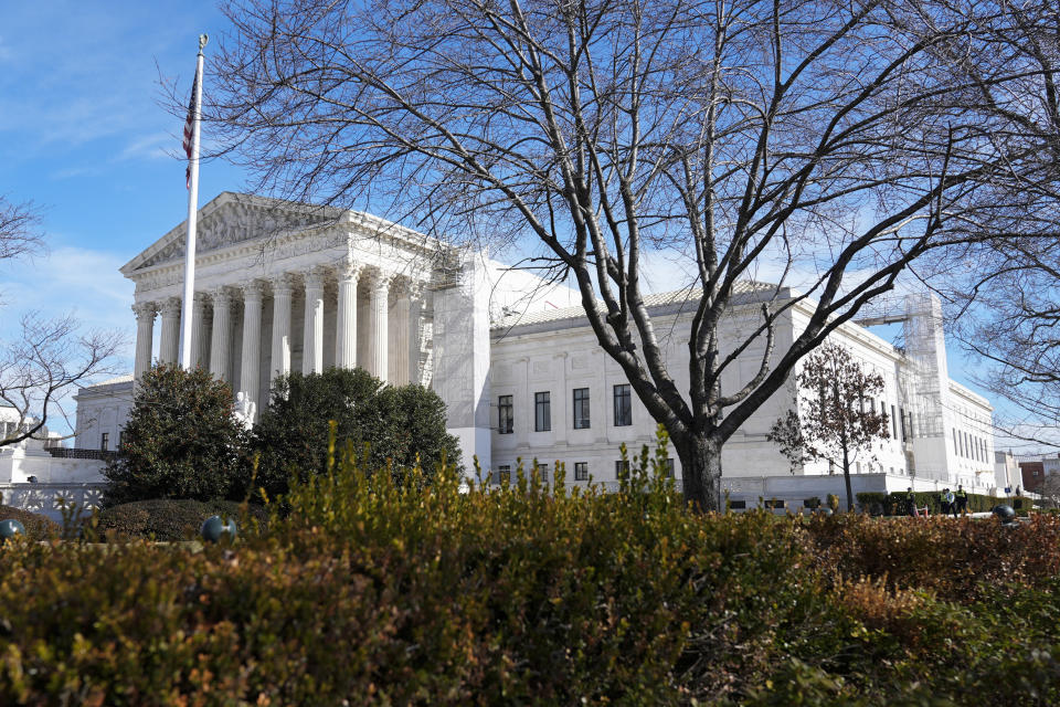 FILE - The U.S. Supreme Court is seen, Thursday, Feb. 8, 2024, in Washington. The Supreme Court on Tuesday rejected appeals from three Republican U.S. House members who challenged fines for not wearing face coverings on the House floor in 2021. The justices did not comment in leaving in place $500 fines issued in May 2021 to U.S. Reps. Marjorie Taylor Greene of Georgia, Thomas Massie of Kentucky and Ralph Norman of South Carolina. (AP Photo/Mariam Zuhaib, File)