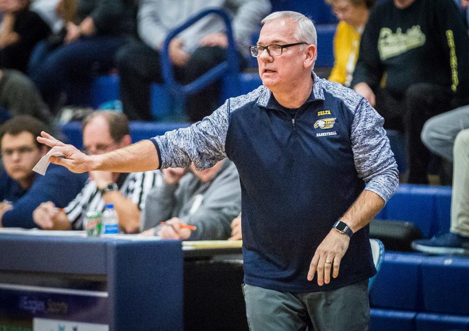 Delta head coach Mark Detweiler coaching against Daleville during their game at Delta High School Wednesday, Jan. 12, 2022.