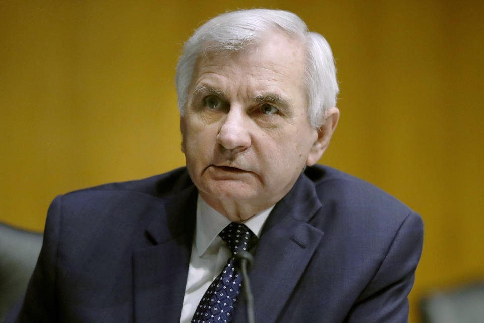 FILE - In this May. 5, 2020, file photo, Sen. Jack Reed, D-R.I., listens during a Senate Intelligence Committee nomination hearing on Capitol Hill in Washington. Reed is the incumbent Democrat candidate for Senate in the Nov. 3 general election in Rhode Island. (AP Photo/Andrew Harnik, Pool, File)