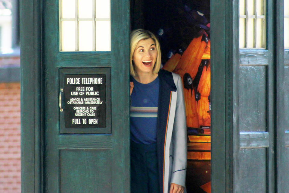 <p>Jodie Whittaker smiles on set while shooting <em>Doctor Who</em> in Cardiff, Wales, on Sept. 20.</p>