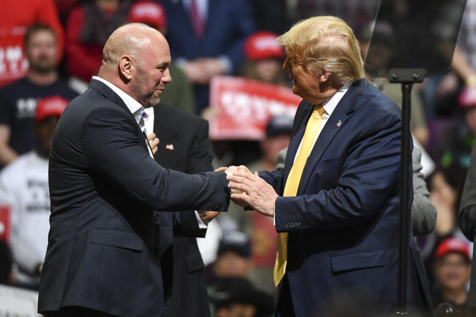 COLORADO SPRINGS, CO - FEBRUARY 20: Ultimate Fighting Championship President Dana White greets President Donald Trump on stage during a Keep America Great rally on February 20, 2020 in Colorado Springs, Colorado. Vice President Mike Pence and Sen. Cory Gardner, a first-term Republican up for reelection this year, joined Trump at the rally. (Photo by Michael Ciaglo/Getty Images)