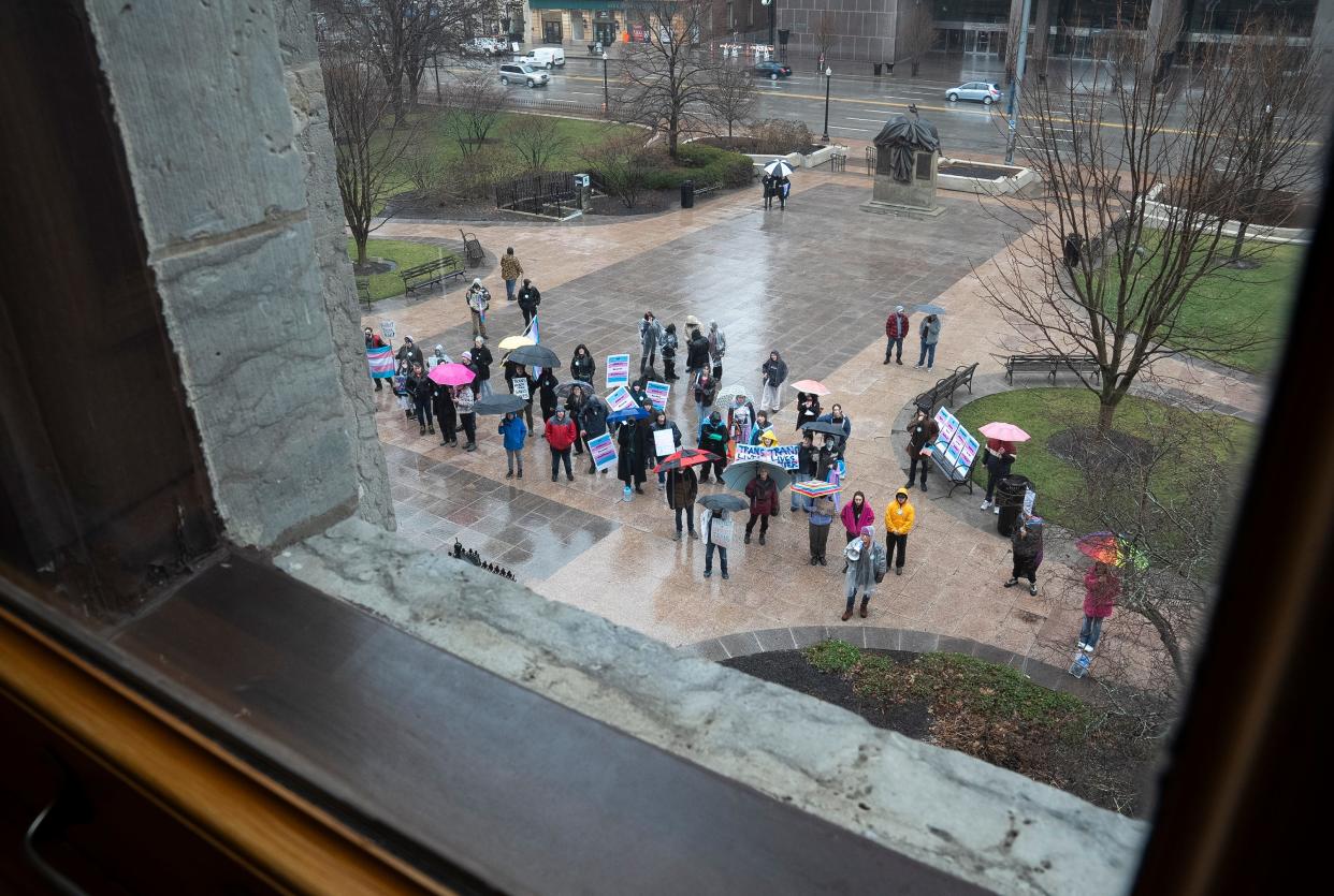 Jan 24, 2024; Columbus, Ohio, United States; Protestors gather in front of the Ohio Statehouse near the chambers where the Ohio Senate would be voting on whether or not to override Governor Mike DeWine's veto of House Bill 68.
