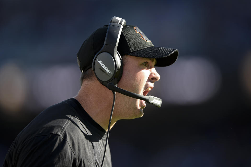 Cincinnati Bengals head coach Zac Taylor reacts during the second half of an NFL football game against the Baltimore Ravens, Sunday, Oct. 24, 2021, in Baltimore. (AP Photo/Gail Burton)