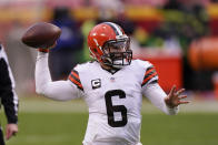 Cleveland Browns quarterback Baker Mayfield throws a pass during the second half of an NFL divisional round football game against the Kansas City Chiefs, Sunday, Jan. 17, 2021, in Kansas City. (AP Photo/Charlie Riedel)