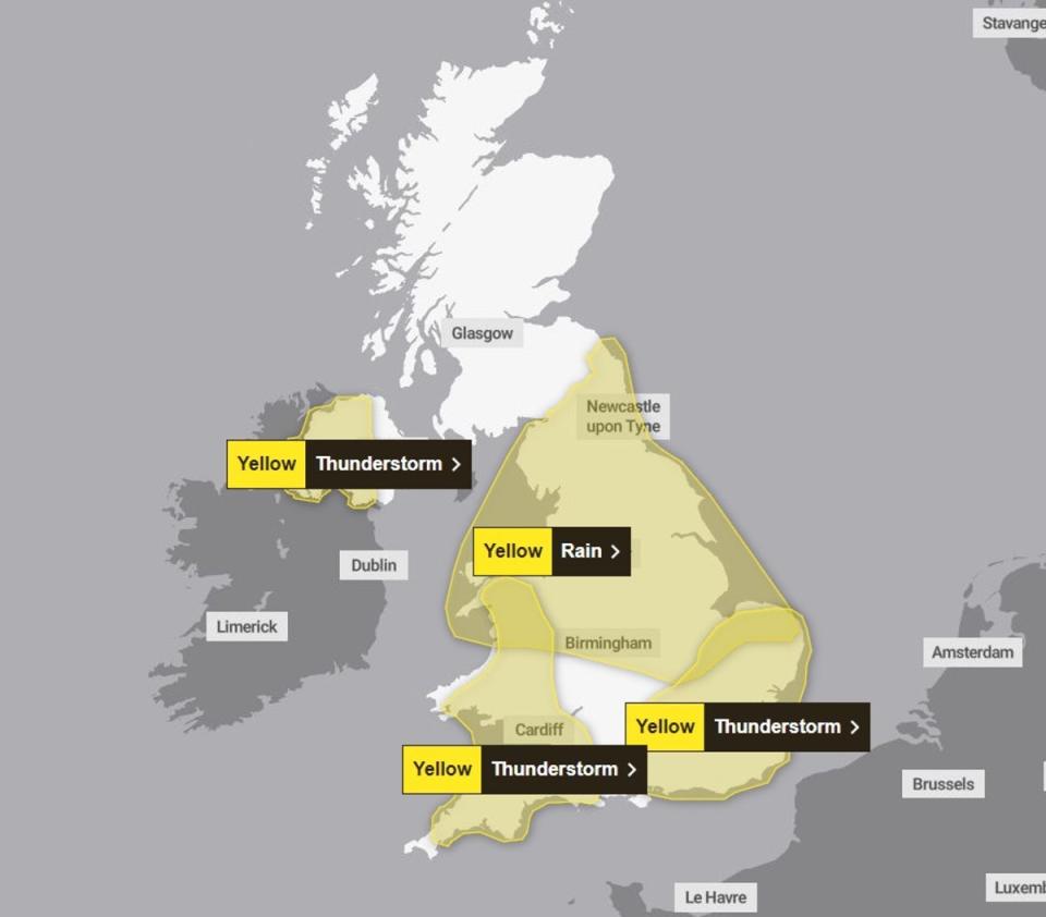 Many parts of the south of the country and Wales come under the thunderstorm warning issued by the Met Office (Met Office)