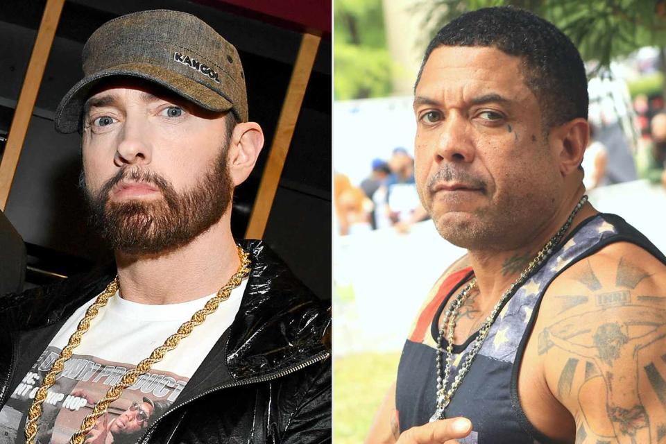 <p>Kevin Mazur/Getty; WireImage</p> Eminem (in 2021); Benzino (in 2016)