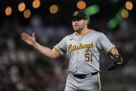 Pittsburgh Pirates pitcher David Bednar reacts after striking out San Francisco Giants' Mike Yastrzemski to end a baseball game Saturday, April 27, 2024, in San Francisco. (AP Photo/Godofredo A. Vásquez)