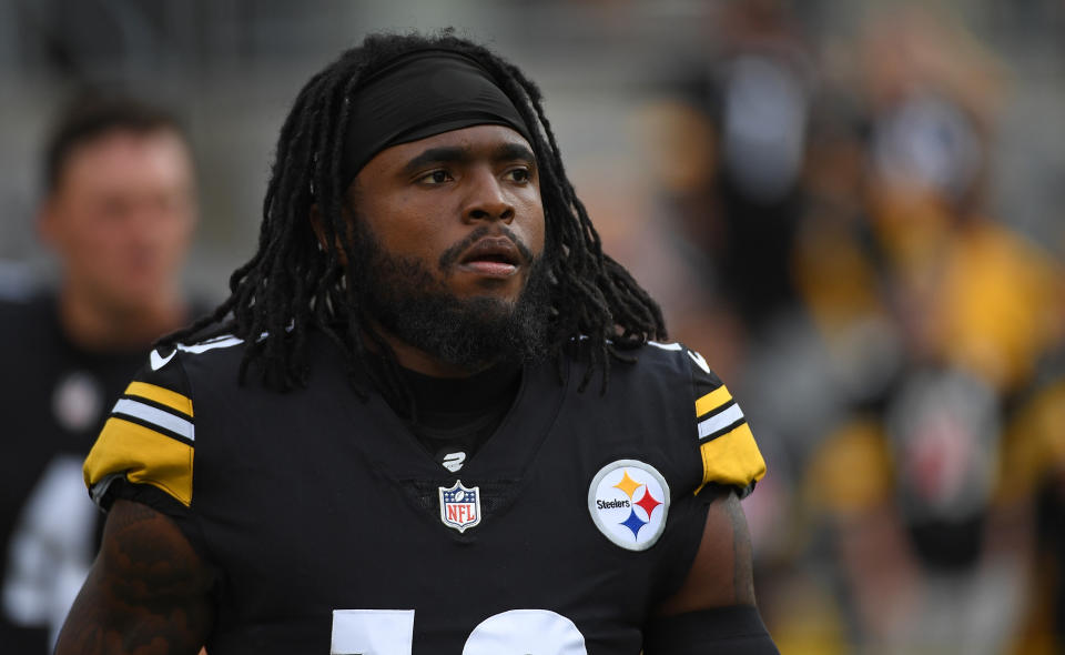 PITTSBURGH, PA - AUGUST 13: Diontae Johnson #18 of the Pittsburgh Steelers looks on during warm ups before a preseason game against the Seattle Seahawks at Acrisure Stadium on August 13, 2022 in Pittsburgh, Pennsylvania. (Photo by Justin Berl/Getty Images)