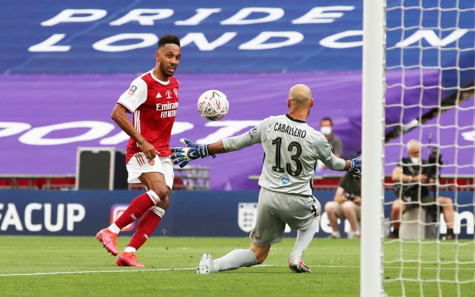 Arsenal's Pierre-Emerick Aubameyang scores their second goal in the 2020 FA Cup final