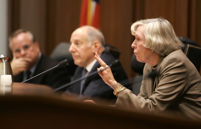 Appellate Judge Joan Dempsey Klein, right, a member of the California Commission on Judicial Appointments, speaks during questioning of a witness opposed to the nomination of Carol A. Corrigan to the Supreme Court of California during Corrigan's confirmation hearing in San Francisco, Wednesday Jan. 4, 2006. At left are commission members California Attorney General Bill Lockyer, left, and Supreme Court of California Chief Justice Ronald M. George, center. Appellate Judge Carol A. Corrigan, a former prosecutor, was sworn in Wednesday to the California Supreme Court. (AP Photo/Eric Risberg)