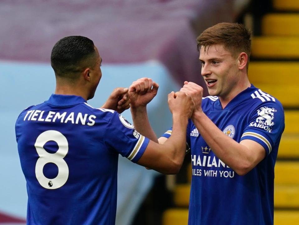 Leicester midfielders Youri Tielemans and Harvey Barnes (AP)