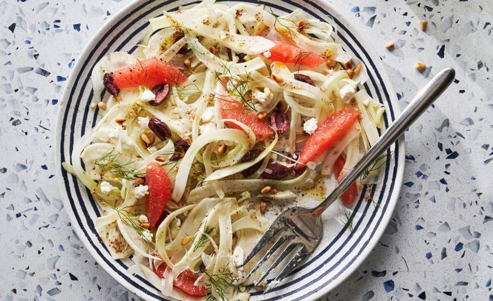 <p>For this salad, we paired crisp licorice-y fennel with juicy grapefruit, briny Kalamata olives, creamy <a href="https://www.delish.com/cooking/g51/goat-cheese-recipes/" rel="nofollow noopener" target="_blank" data-ylk="slk:goat cheese;elm:context_link;itc:0;sec:content-canvas" class="link ">goat cheese</a>, and some rich toasted pine nuts. Most things are highly adjustable: Swap in your favorite citrus for the grapefruit, ditch the cheese and substitute with avocado for a dairy-free version, or swap in your favorite nut or seed for the pine nuts—just make sure they’re toasted!<br><br>Get the <strong><a href="https://www.delish.com/cooking/recipe-ideas/a38984280/fennel-salad-recipe/" rel="nofollow noopener" target="_blank" data-ylk="slk:Grapefruit & Goat Cheese Fennel Salad recipe;elm:context_link;itc:0;sec:content-canvas" class="link ">Grapefruit & Goat Cheese Fennel Salad recipe</a></strong>.</p>