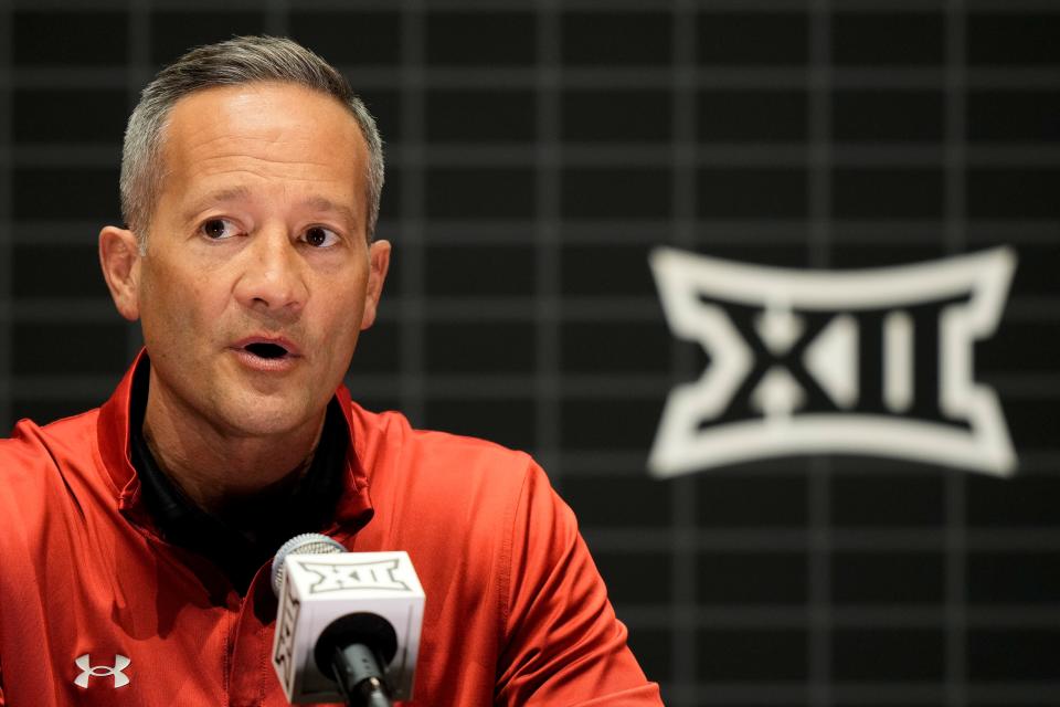 Texas Tech coach Grant McCasland speaks to the media during the NCAA college Big 12 men's basketball media day Wednesday, Oct. 18, 2023, in Kansas City, Mo.