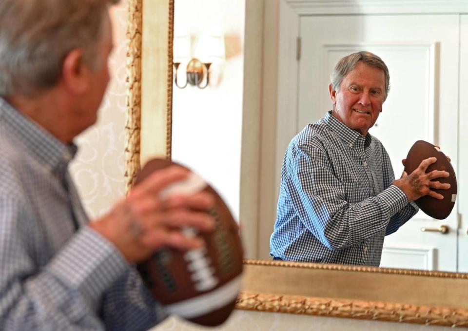 Former Duke, Florida and South Carolina head football coach Steve Spurrier checks out his quarterback form in a mirror on Monday, September 4, 2023. Spurrier played in the NFL for 10 seasons before moving into coaching. He won the Heisman Trophy in 1966 as quarterback of the Florida Gators at the University of Florida.