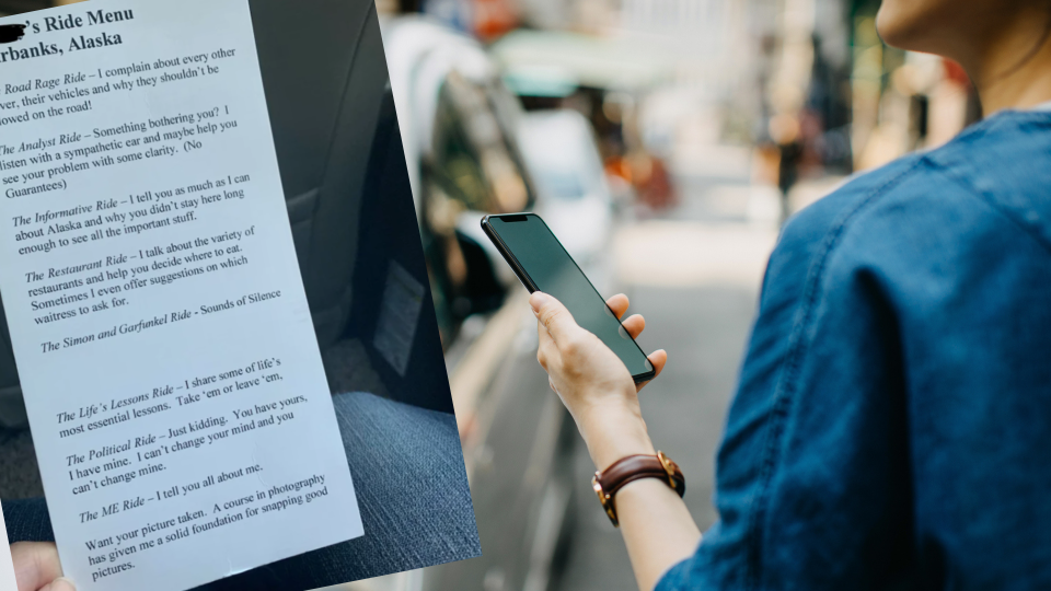 Pictured: Uber driver's viral ride menu and woman hailing an Uber. Image: Getty, Reddit (That1Girrrl)