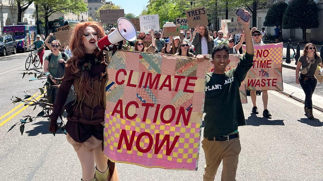 pattie gonia climate action rally march