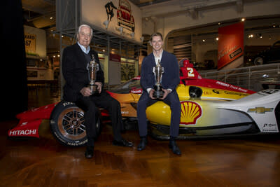 Roger Penske and Josef Newgarden and the Baby Borg Ceremony