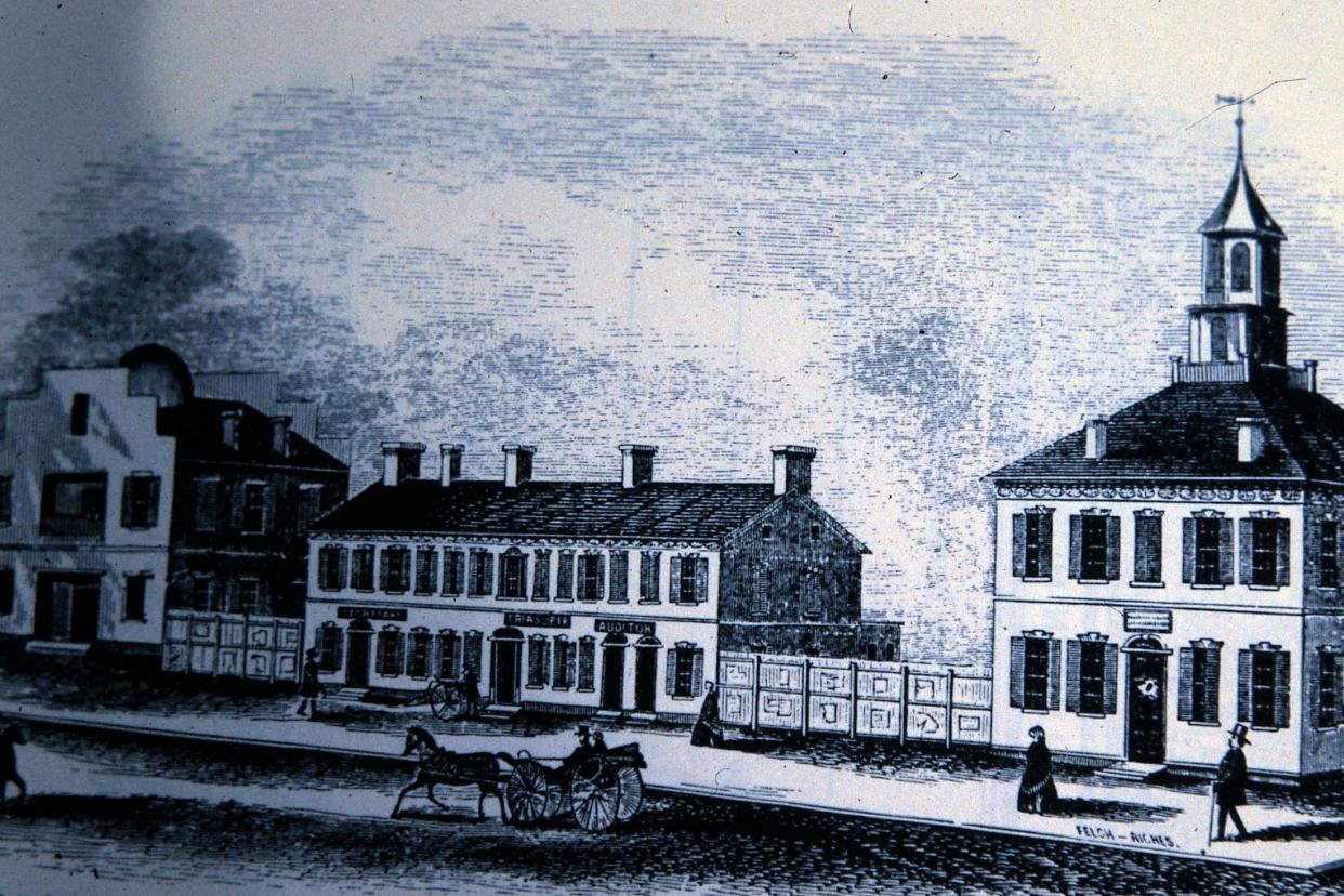 Statehouse Square c. 1840. From left, Supreme Court, state offices, original Statehouse.