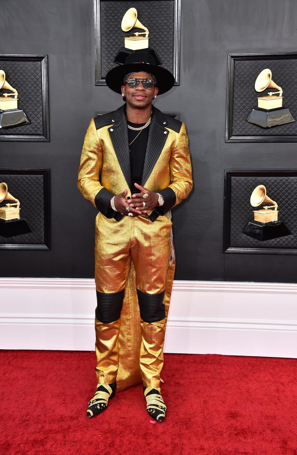 Jimmie Allen arrives at the 64th Annual Grammy Awards at the MGM Grand Garden Arena on Sunday, April 3, 2022, in Las Vegas.