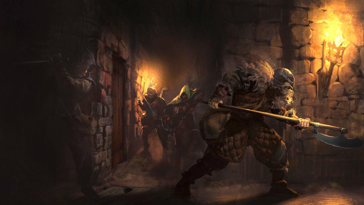  Dark and Darker art - three fantasy characters in a hallway while a fourth hiding in the shadows gets ready to stab somebody. 