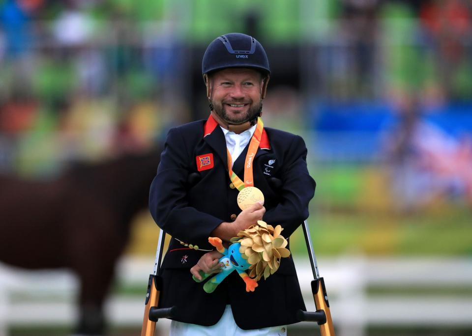 File photo dated 16-09-2016 of Great Britain's Lee Pearson celebrates with the Gold medal for the Grade IB Independent Freestyle Test during the ninth day of the 2016 Rio Paralympic Games in Rio de Janeiro, Brazil. Issue date: Tuesday August 17, 2021.