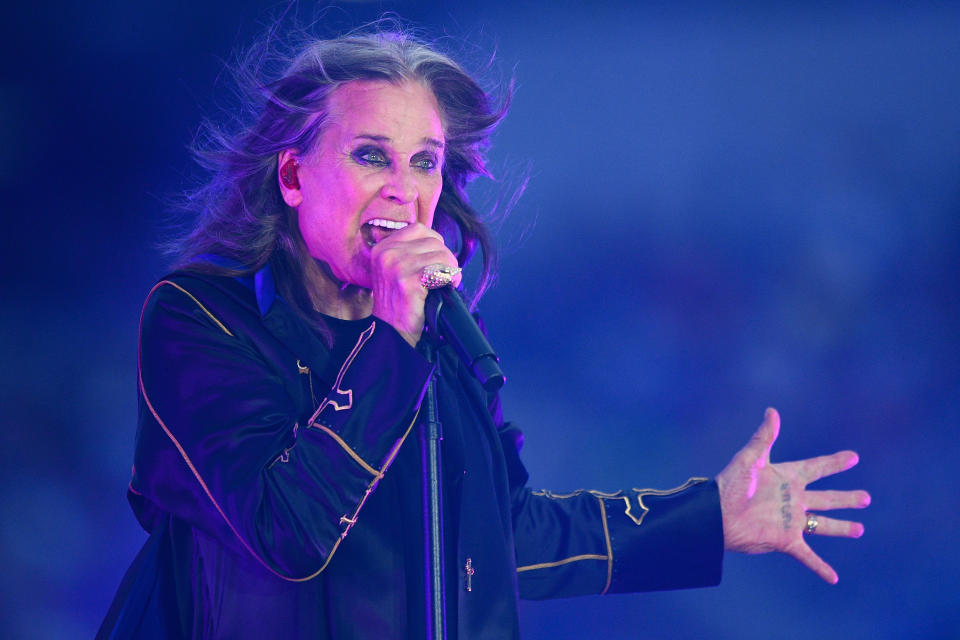 INGLEWOOD, CA - SEPTEMBER 08: Singer Ozzy Osbourne performs at halftime during the NFL game between the Buffalo Bills and the Los Angeles Rams on September 8, 2022, at SoFi Stadium in Inglewood, CA. (Photo by Brian Rothmuller/Icon Sportswire via Getty Images)