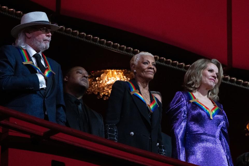 2023 Kennedy Center Honorees, from left, British singer and member of the Bee Gees, Barry Gibb, singer Dionne Warwick, and soprano Renée Fleming attend the 46th Kennedy Center Honors at the John F. Kennedy Center for the Performing Arts in Washington, Sunday, Dec. 3, 2023.