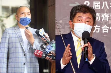 左為國民黨副發言人楊植斗、民進黨台北市長參選人陳時中。（資料照）