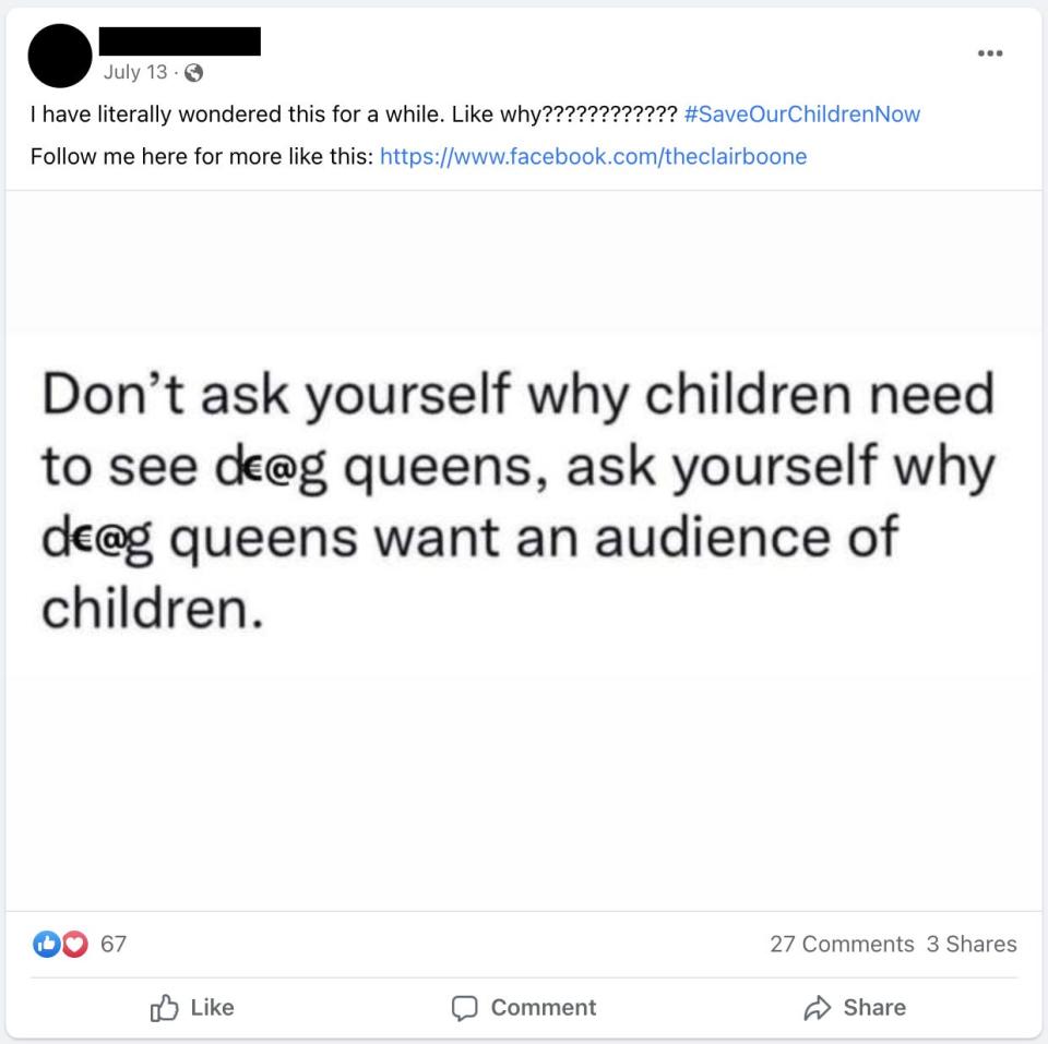 This screenshot — featured in the search results of "#SaveOurChildrenNow" on Facebook — suggests that drag queens seek audiences of children, implying unsubstantiated pedophilic motives or tendencies among one group in the LGBTQ+ community.