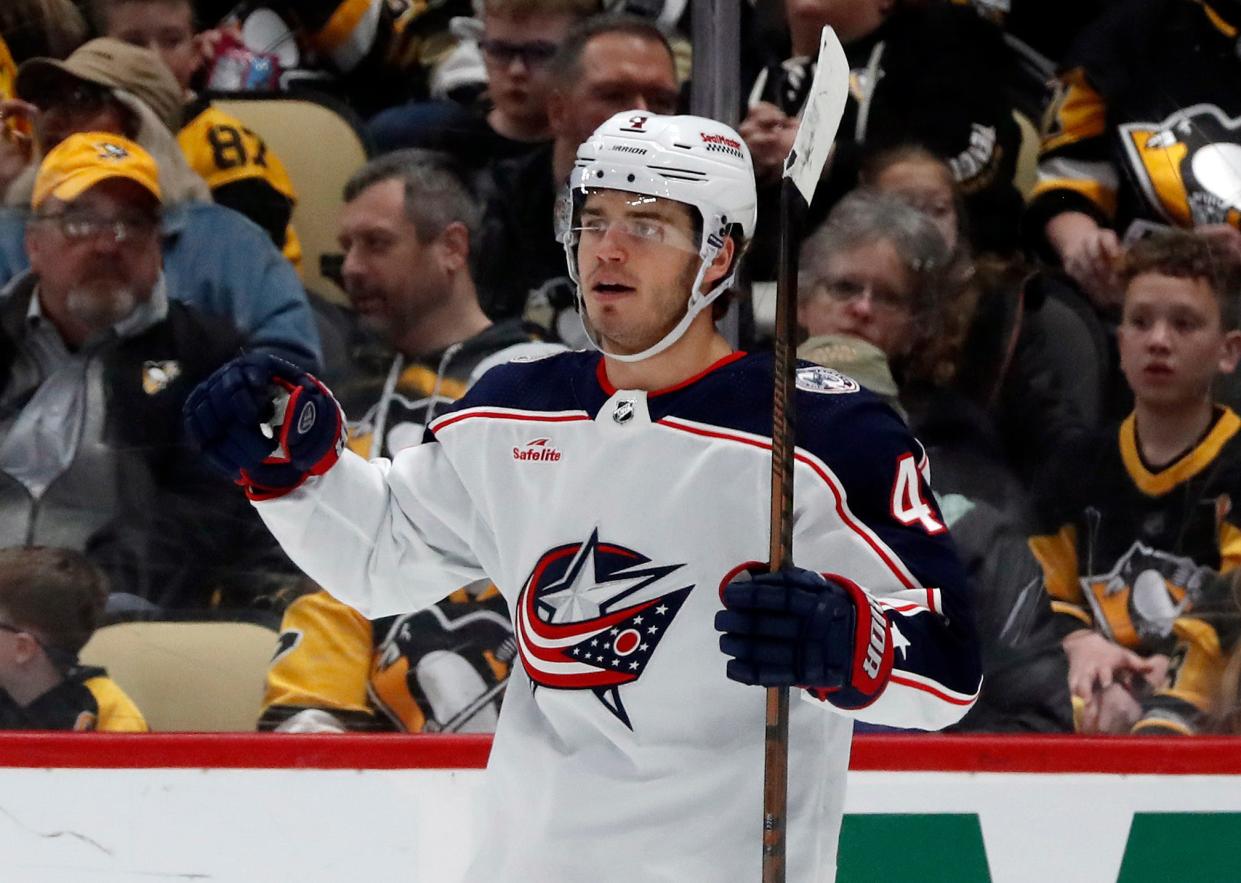 Mar 28, 2024; Pittsburgh, Pennsylvania, USA; Columbus Blue Jackets center Cole Sillinger (4) reacts after scoring a goal against the Pittsburgh Penguins during the second period at PPG Paints Arena. Mandatory Credit: Charles LeClaire-USA TODAY Sports