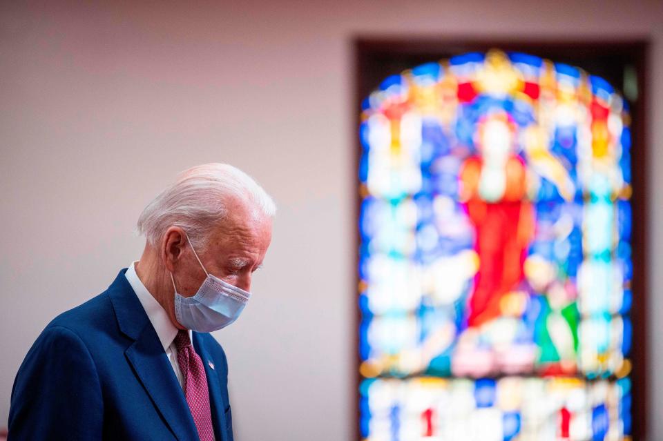 Democratic presidential candidate Joe Biden meets with clergy members and community activists during a visit to Bethel AME Church in Wilmington, Del., on June 1.