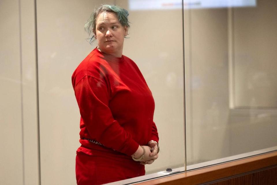 Kimberly Rachel Blakley pleads not guilty during her arraignment at the Placer Superior Court in Roseville on Friday, Feb. 16, 2024. She and her husband Cory Albert Blakley are accused of murder, torture and child abuse in the death of their adopted 9-year-old son.