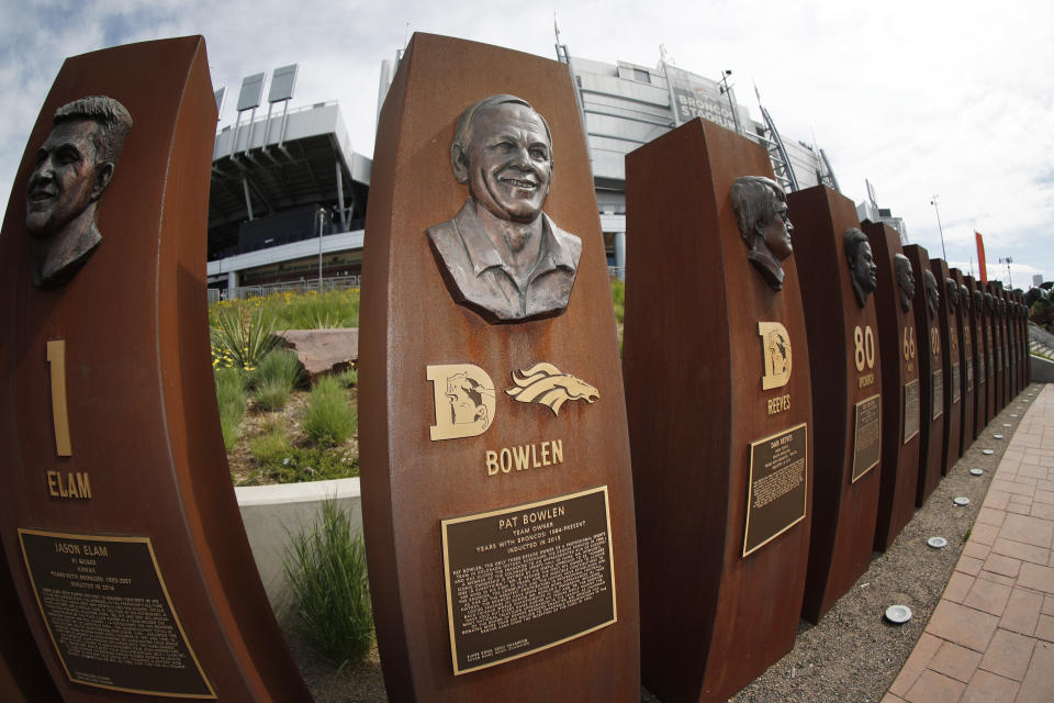 A tribute to Denver Broncos owner Pat Bowlen stands outside Mile High Stadium, the home of the franchise, Friday, June 14, 2019, in Denver. Bowlen died Thursday night. (AP Photo/David Zalubowski)