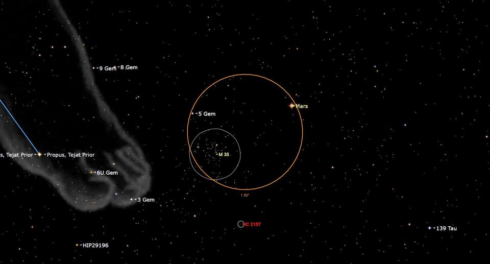 An illustration of the night sky on March 29 showing Mars near Messier 35 (NGC 2168), known as the Shoe-Buckle Cluster.