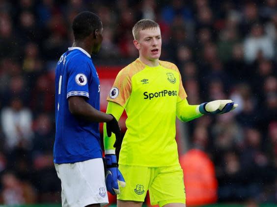 Jordan Pickford was often unhappy with the defenders in front of him (Action Images via Reuters)