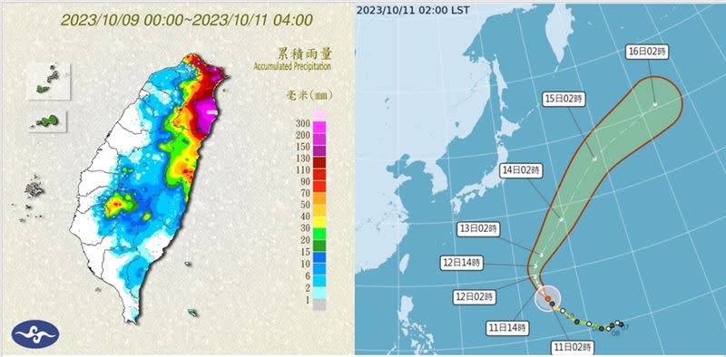 左圖：自9日至今(11日)晨4時累積雨量圖顯示，東北部山區連日豪雨(最大雨量宜蘭西帽山464毫米)。