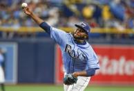 Mar 31, 2019; St. Petersburg, FL, USA; Tampa Bay Rays relief pitcher Diego Castillo (63) throws a pitch during the ninth inning at against the Houston Astros Tropicana Field. Mandatory Credit: Reinhold Matay-USA TODAY Sports